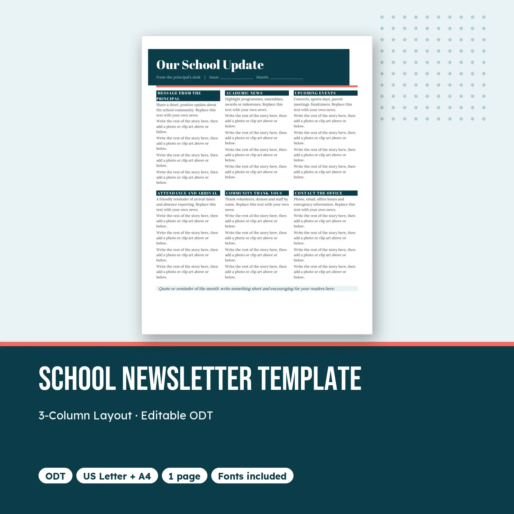 School Newsletter Template, 3-Column Layout (ODT) preview