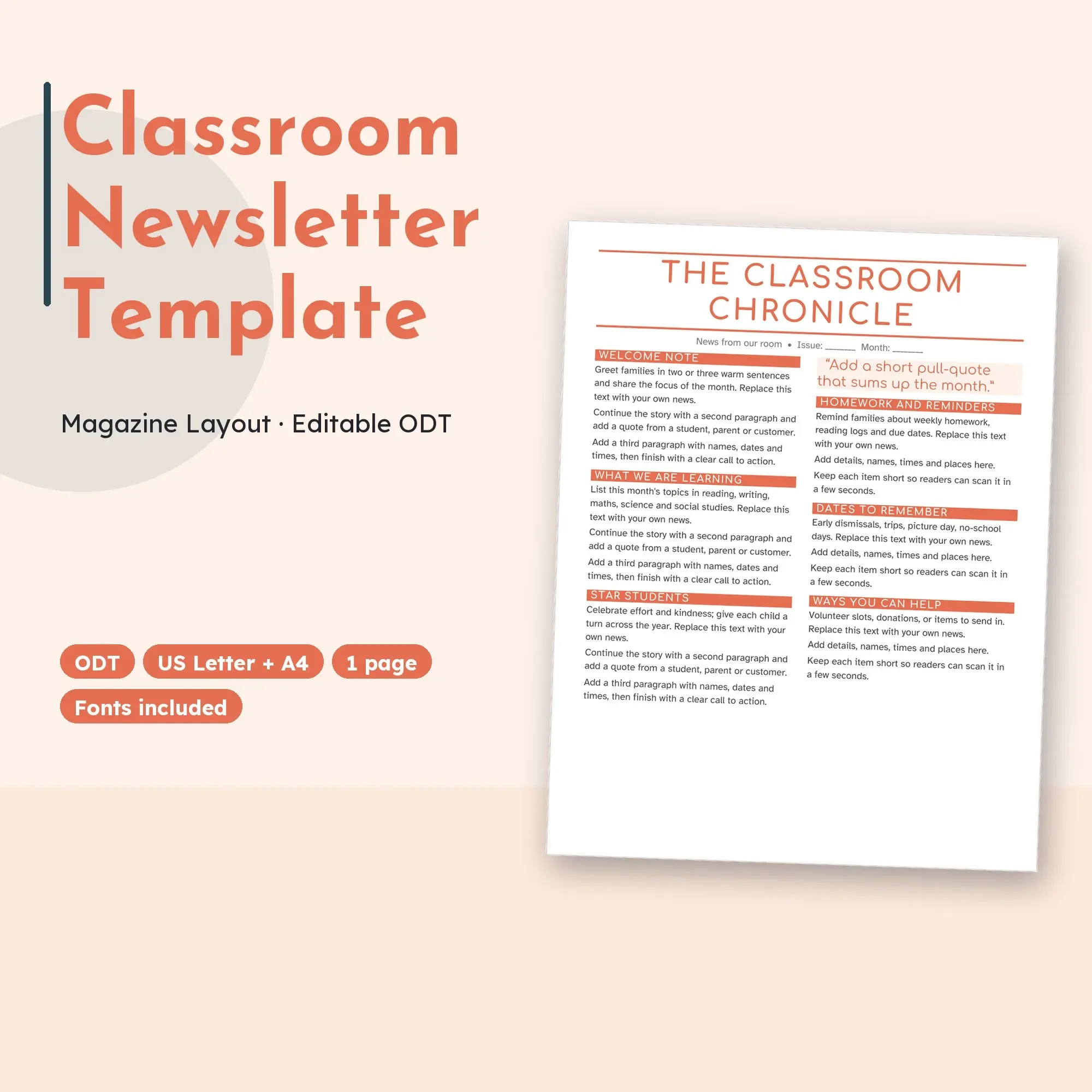 Classroom Newsletter Template, Magazine Layout (ODT) preview