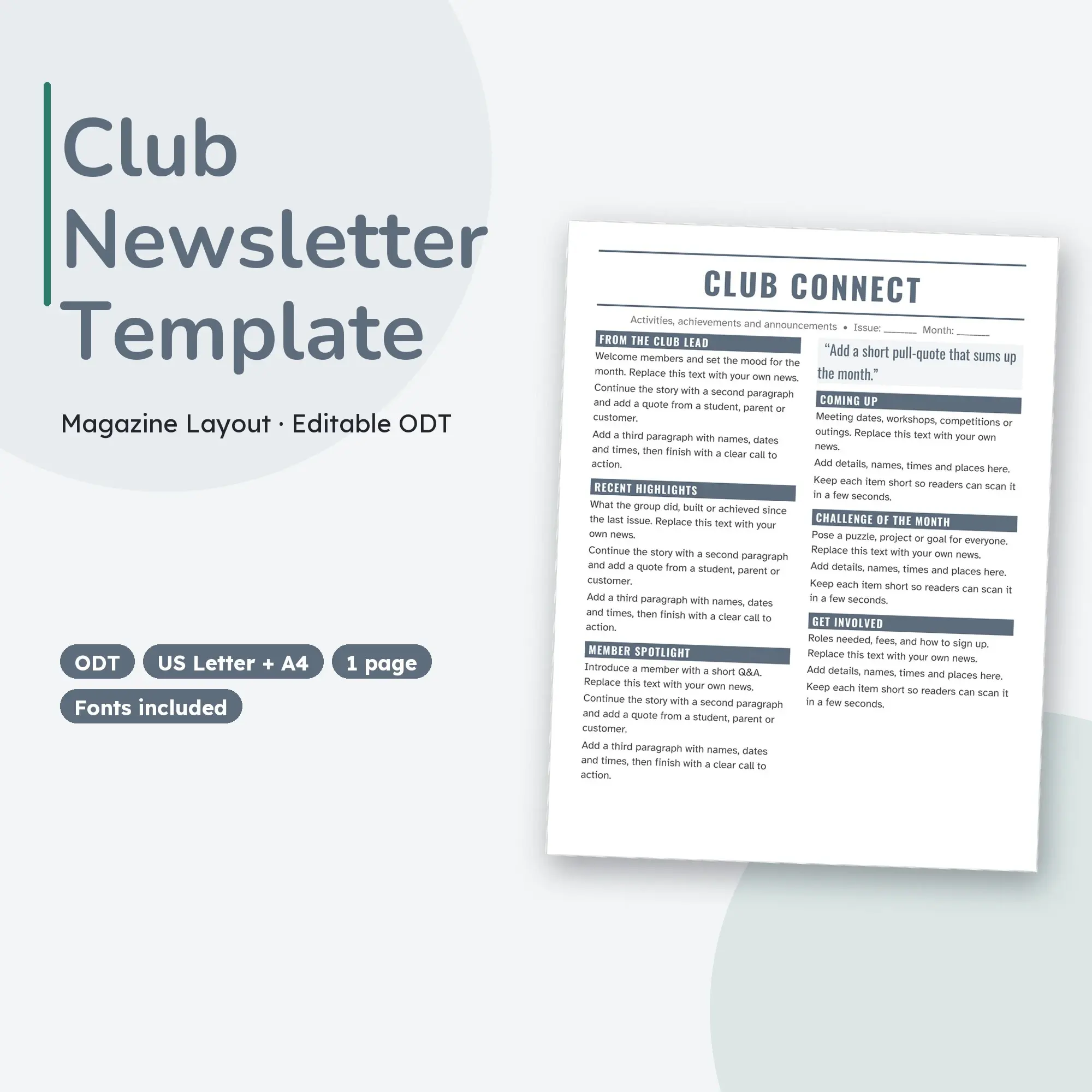 Club Newsletter Template, Magazine Layout (ODT) preview