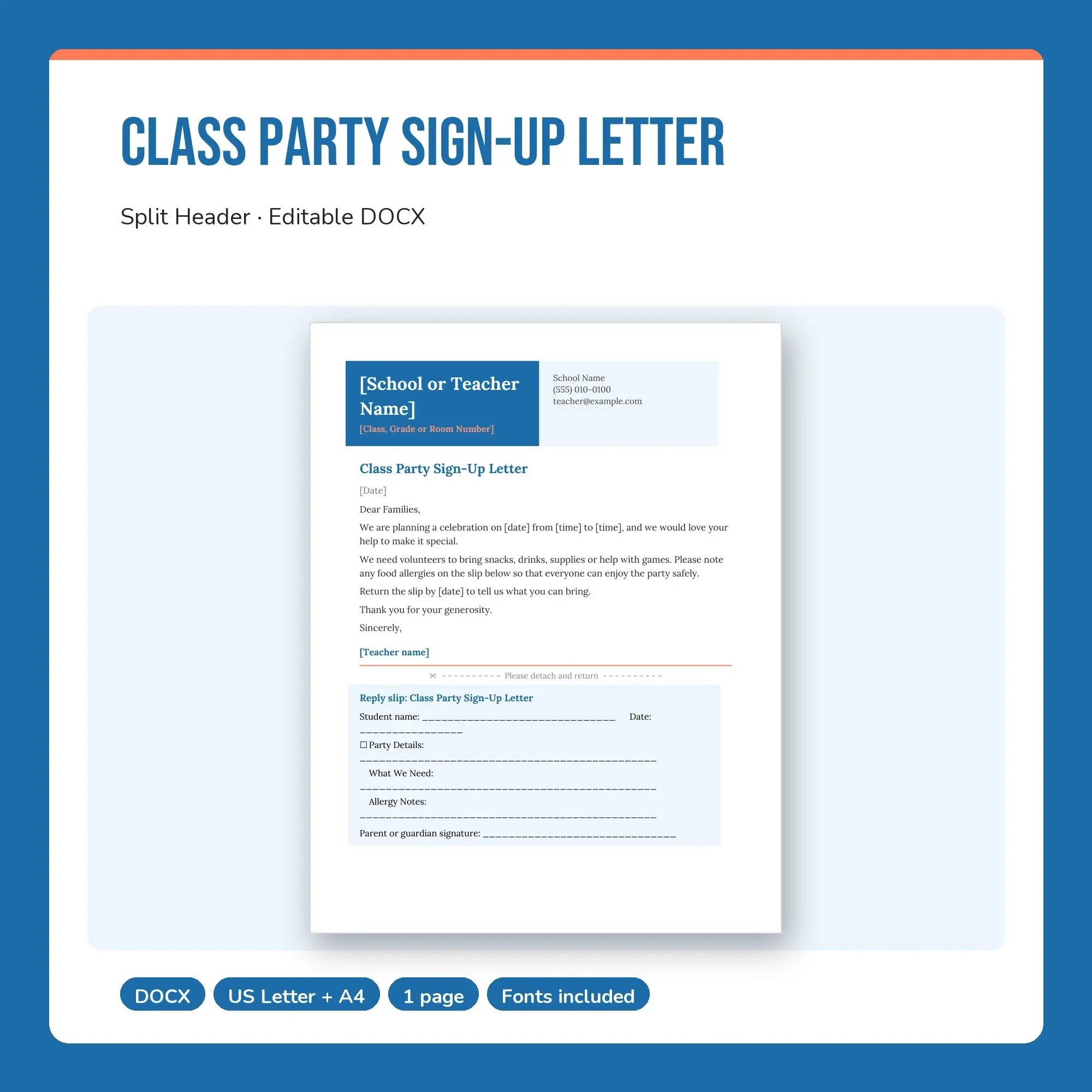 Class Party Sign-Up Letter Template, Split Header (DOCX) preview