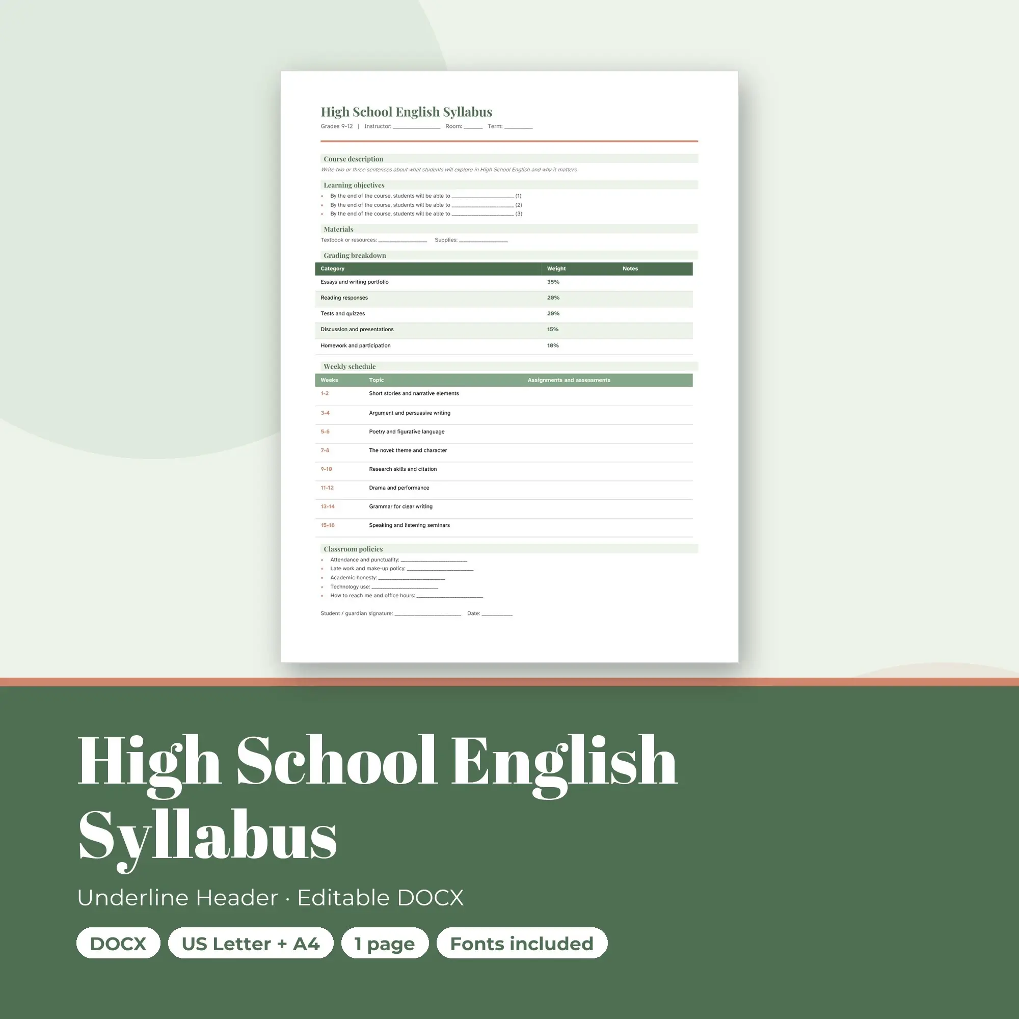 High School English Syllabus Template, Underline Header (DOCX) preview