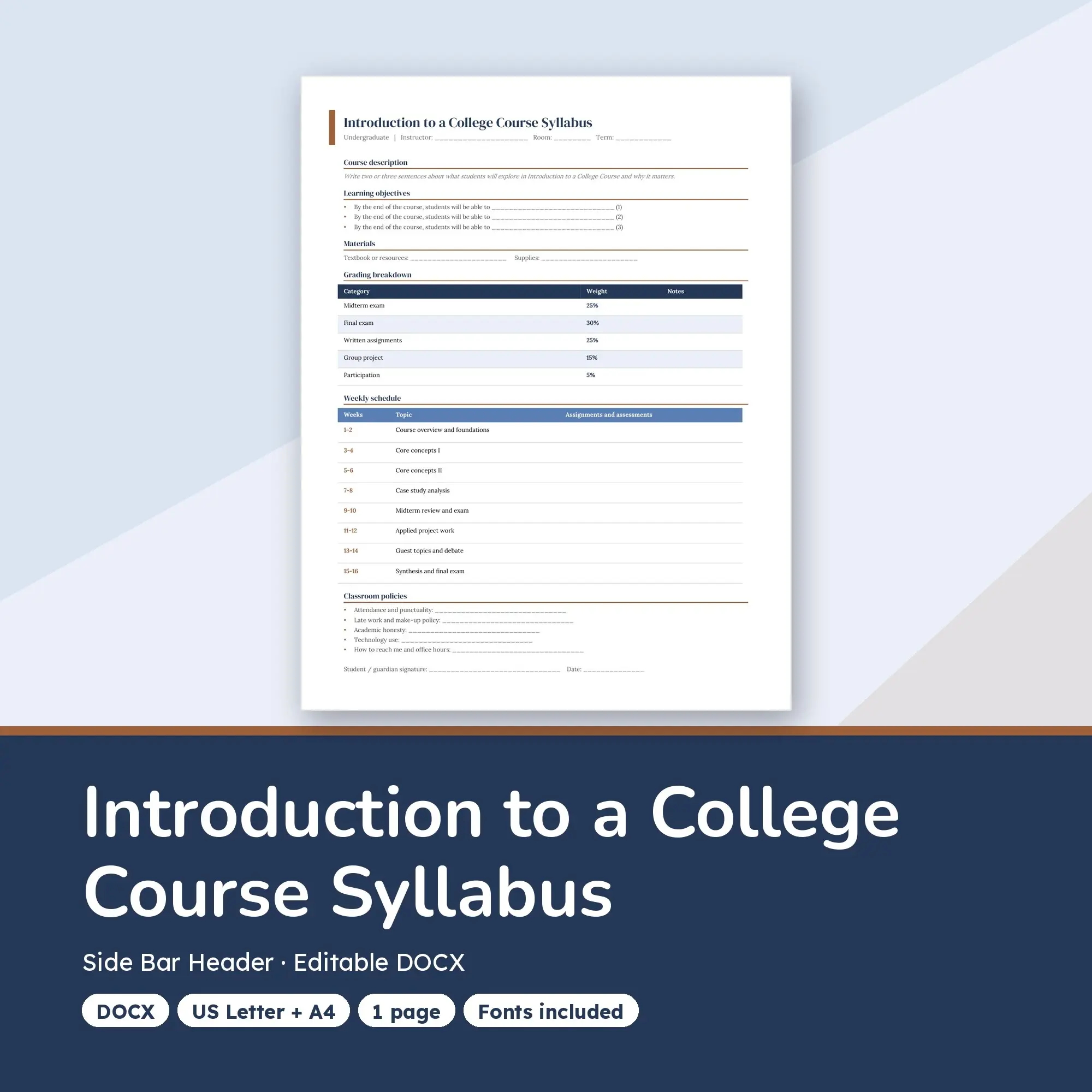 Introduction to a College Course Syllabus Template, Side Bar Header (DOCX) preview