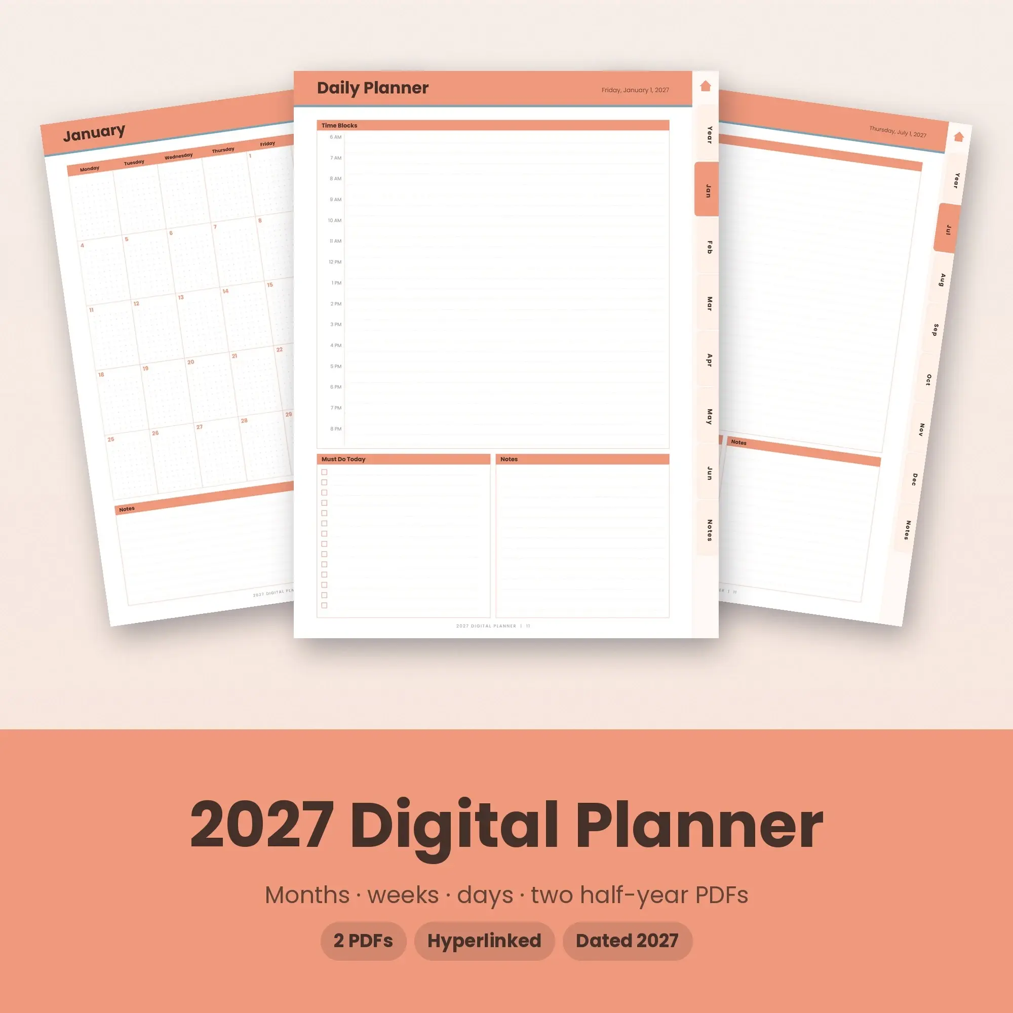 2027 Hyperlinked Tablet Planner, Half-Year PDFs, Monthly Weekly Daily, Peach preview