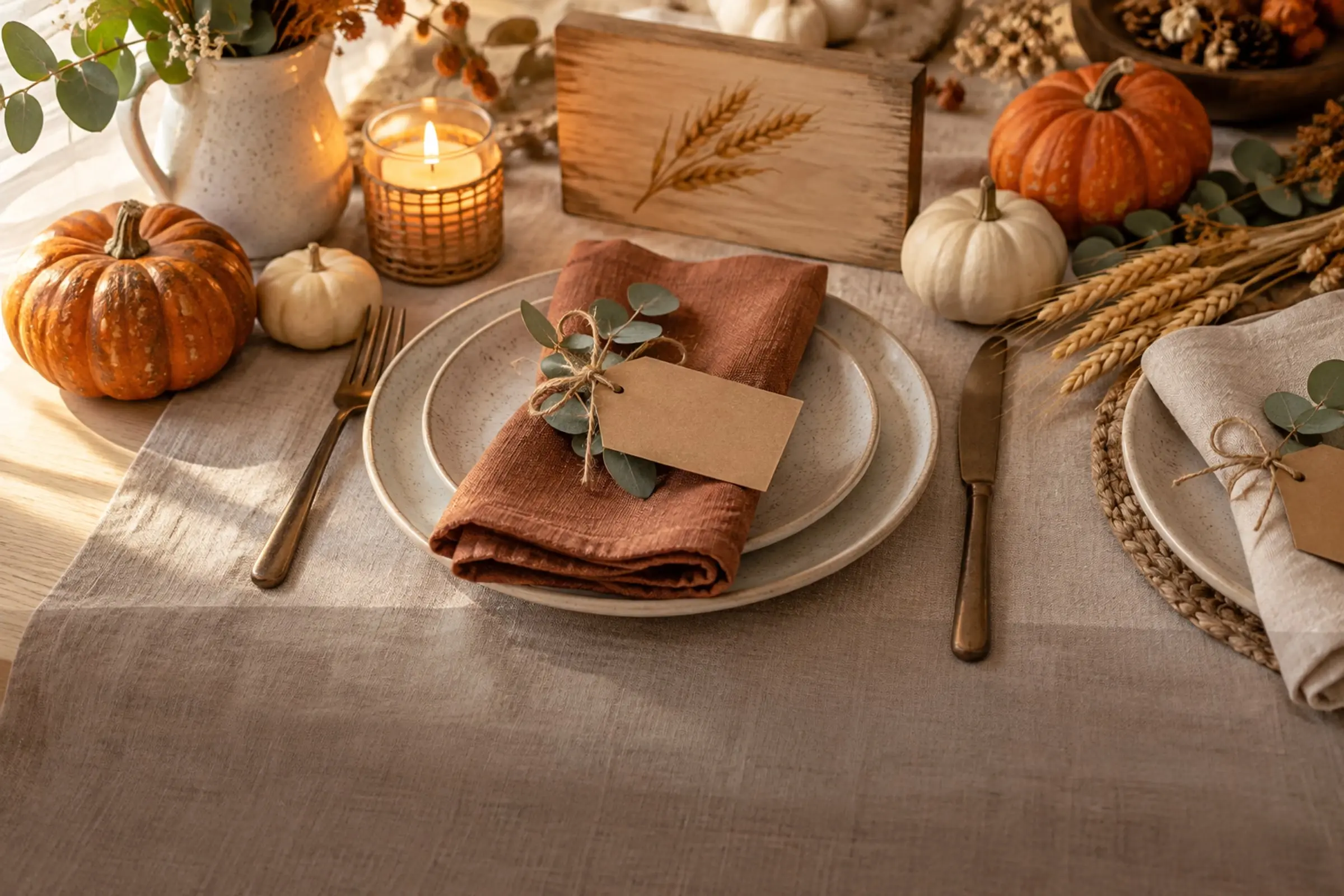 A Thanksgiving table with linen napkins, kraft place cards, mini pumpkins, wheat and candlelight