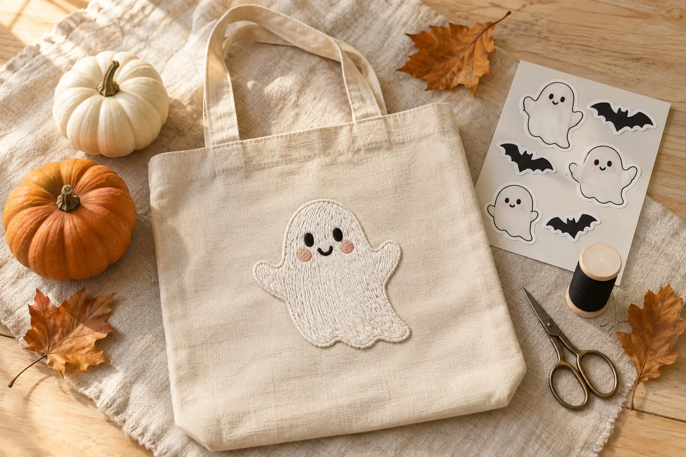 A canvas tote with an embroidered smiling ghost, ghost and bat stickers, and pumpkins on a linen cloth